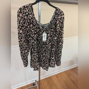 Torrid Ava Ditsy Floral Smocked Waist Blouson Sleeve Top Black Pink 2X 18-20 NEW
